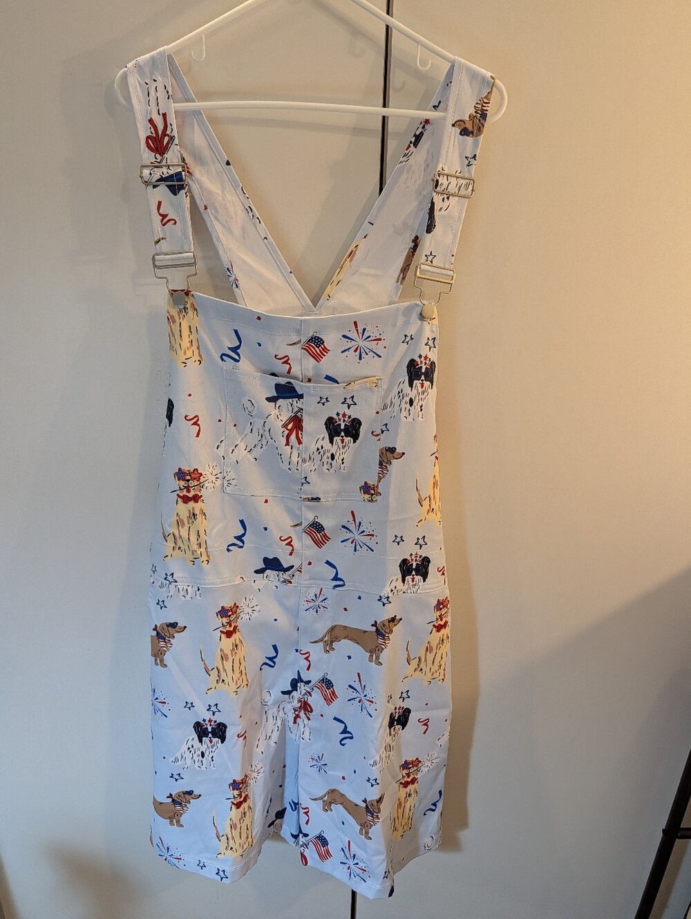 Amazon Light Blue Woman's 2XL Overalls with Patriotic Dog Print NWT
